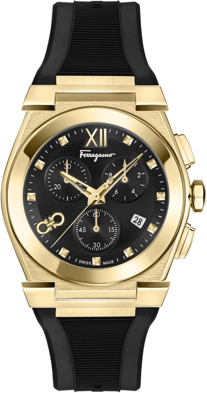 Ferragamo Vega Chrono Men’s Watch, Swiss Made Luxury Designer Watch for Men with Black Guilloche Dial, 40mm IP Yellow Gold Case, Black Silicone Strap, Deployant Clasp, 5 ATM