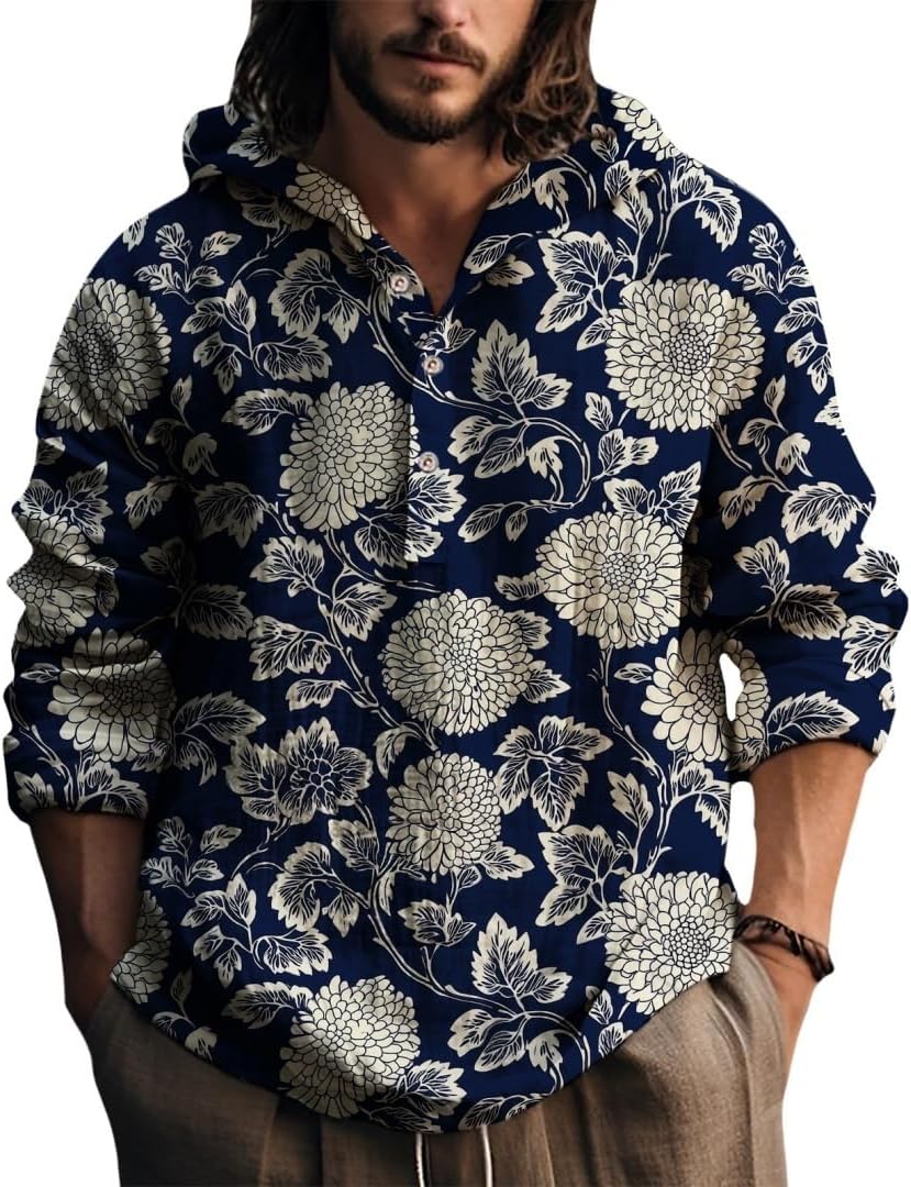 ZOCANIA Japanese Style Long Sleeve Hooded Shirts Button Down Shirt Casual Tops for Spring Fall Hawaiian Beach Yoga Tshirts