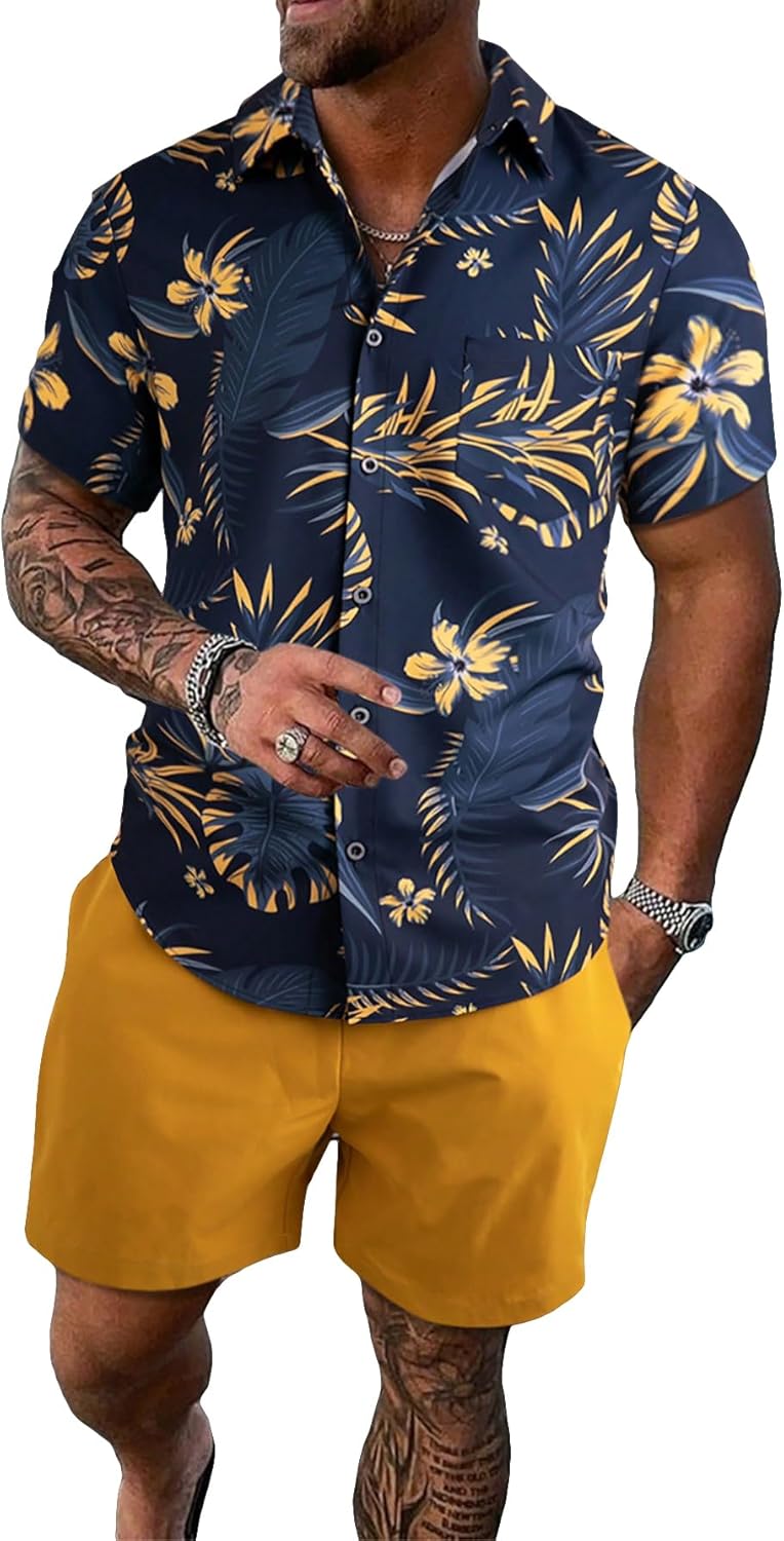 SHENHE Men's Beach Vacation Outfits Summer 2 Piece Sets Hawaiian Button Down Shirt and Shorts