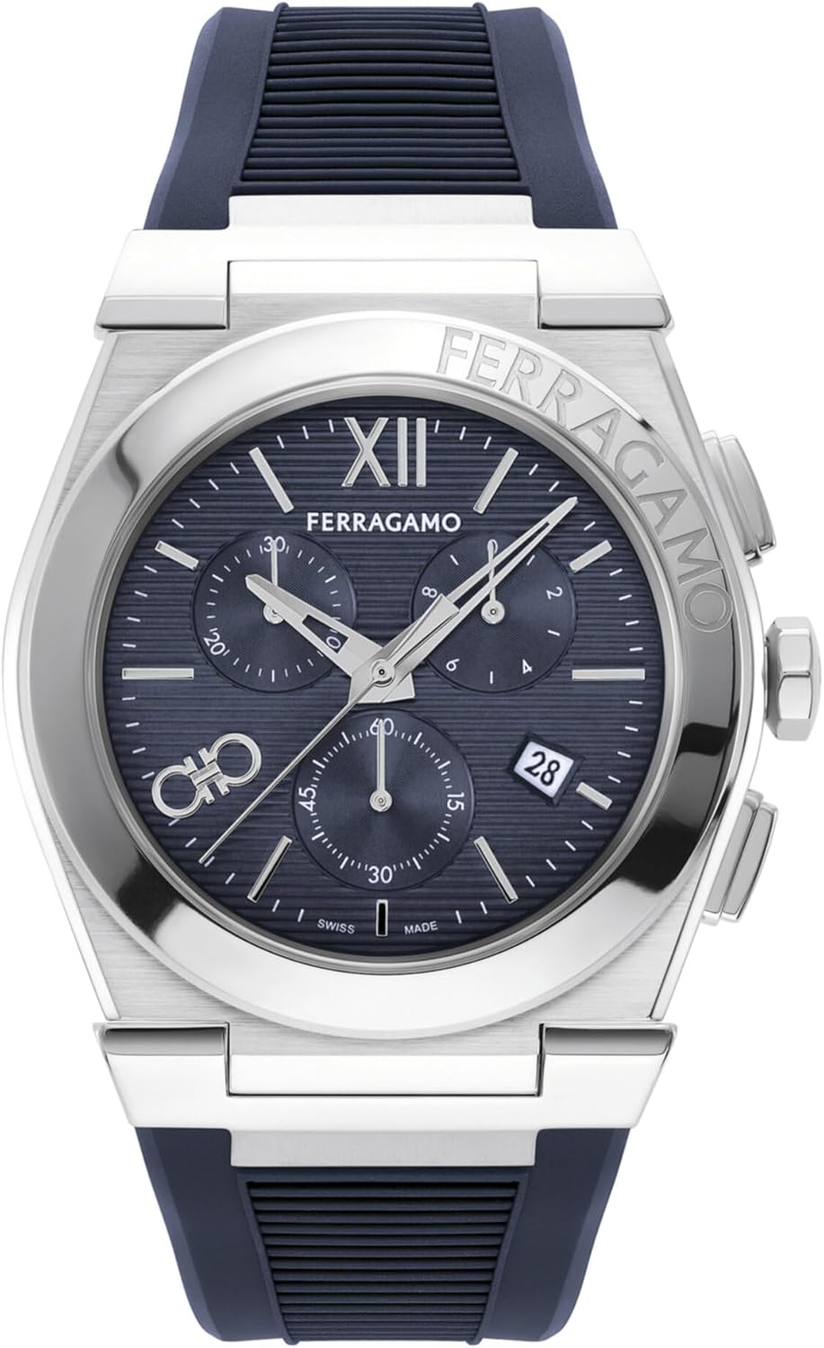Ferragamo Vega Chrono Men’s Watch, Swiss Made Luxury Designer Chronograph Watch for Men with Blue Guilloche Dial, Silver 42mm Stainless Steel Case, Blue PU Strap, Deployant Clasp, 5 ATM