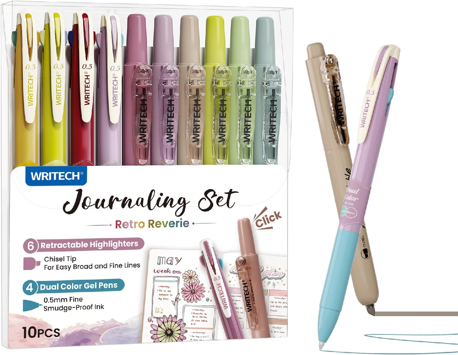 WRITECH Gel Pens Journaling Highlighters: Journal Set Aesthetic Assorted Vintage Color Ink 0.5mm Fine Point Retractable 2 in 1 Pen Smooth Writing Drawing 10ct