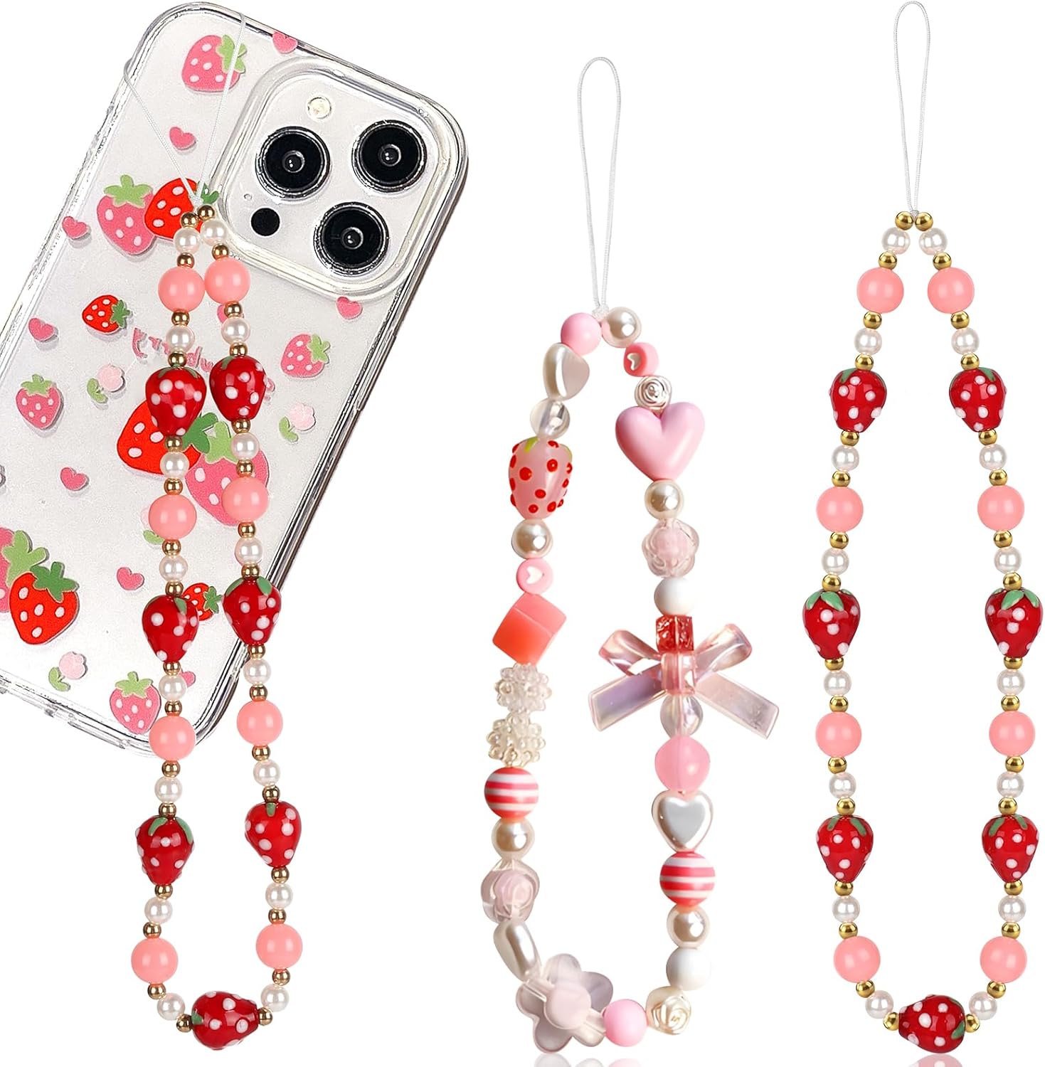 Phone Charms Strap-Pink Bow Strawberry Cherry Charm Strap Universal Lanyard Chain String for Phone Case