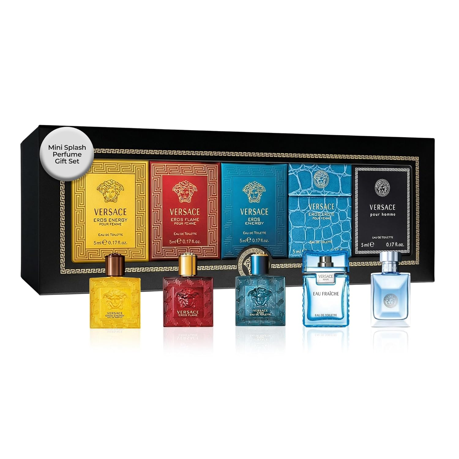 Versace Mini Cologne Gift Set for Men 5-Piece 0.17 Fl Oz Collection | Includes Pour Homme, Man Eau Fraîche, Eros Flame, Eros & Eros Energy, Designer Sampler, Travel Size, Gift Set