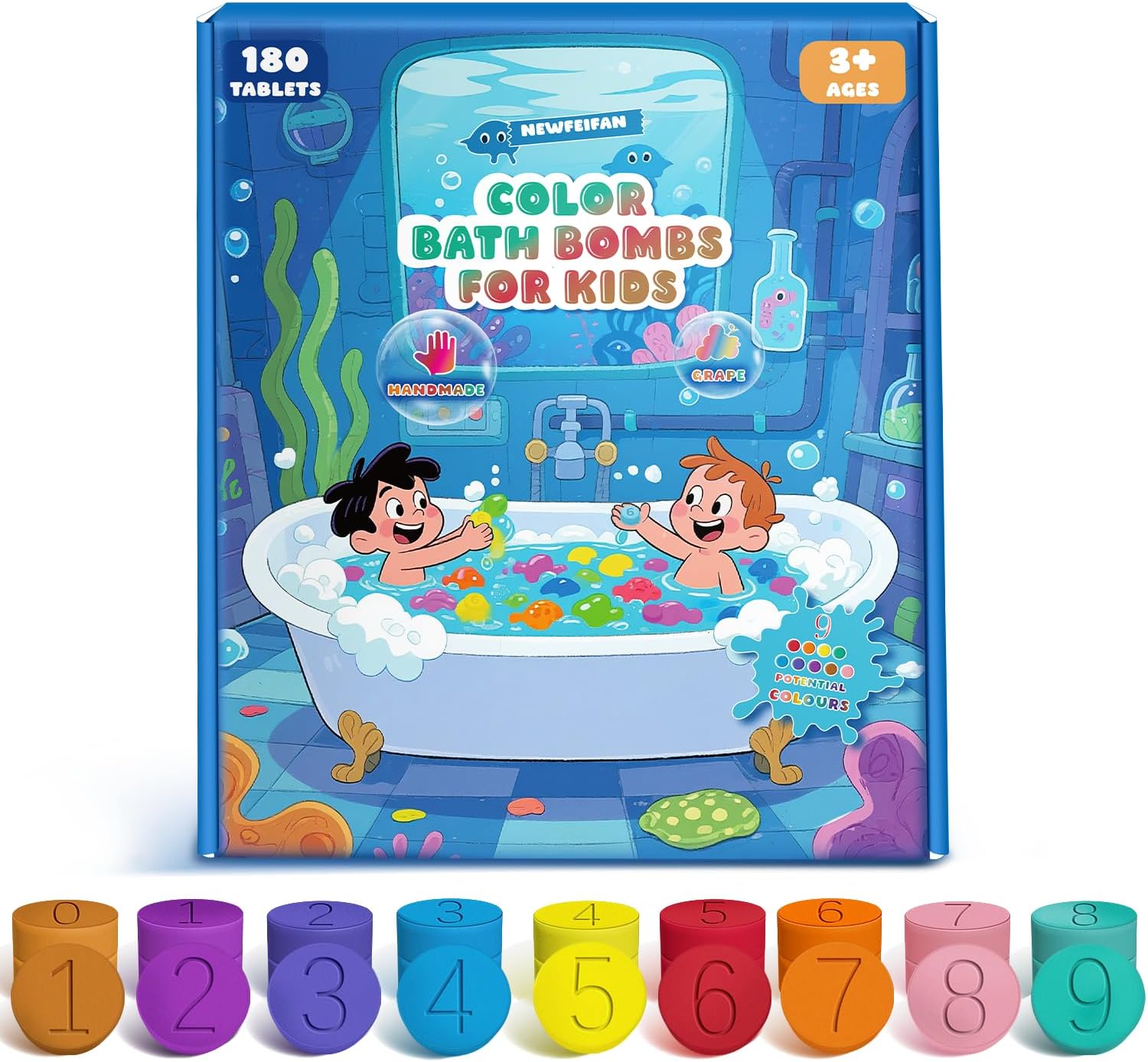 Bath Bombs for Kids, STEM 180 Mini Color Tablets in 9 Bright Colors for Creative Bathtub Art Bath Toys Fun Colorful Bath Scientific Experiment Gifts for Boys Girls 3-12