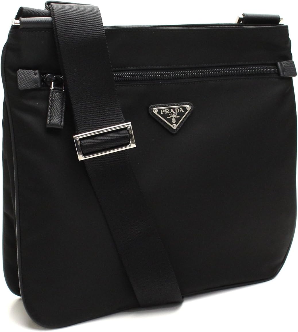 Prada Midnight Black Tessuto Nylon & Saffian Leather Designer Crossbody Messenger Travel Bag for Women and for Men 2VH563