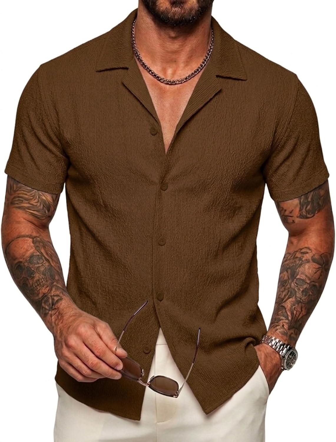 UOUA Men's Casual Button Down Shirts Short Sleeve Summer Textured Tops for Beach Vacation