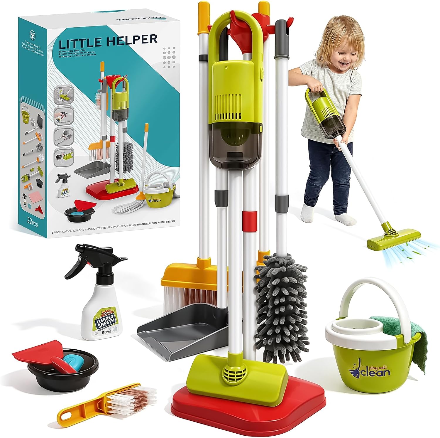 Dreamon Toddler Cleaning Set - 14Pcs Kids Cleaning Toy Set with 2-in-1 Kids Vacuum that Really Works, Pretend Home Cleaning Play Set for Toddler Age 3-7, Christmas Birthday Gift for Girls Boys（Red）