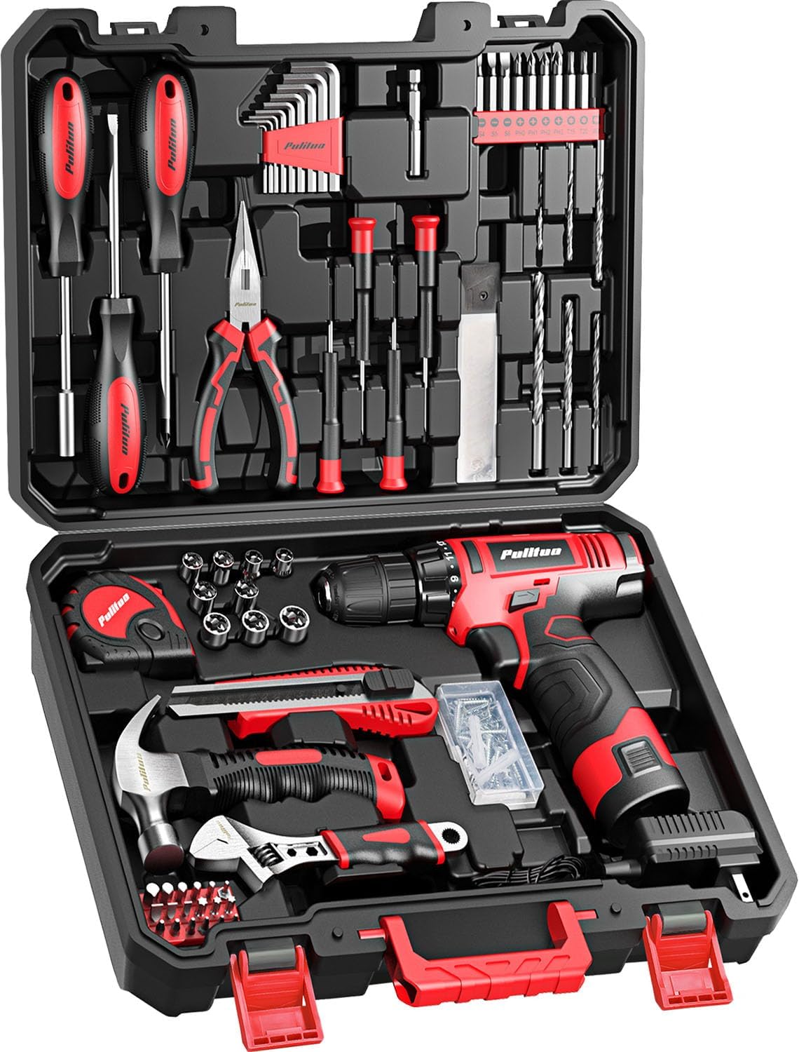 PULITUO 149-Piece Home Drill Set with Red 12V Cordless Drill, Hand Tools & Tool Box, Tool Kit for Women & Men and DIY Enthusiasts, for Home Improvement