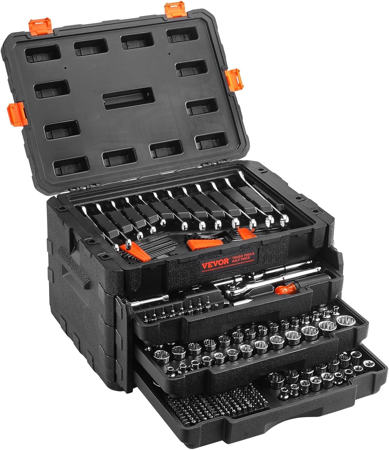 VEVOR Mechanics Tool Set and Socket Set, 1/4" 3/8" 1/2" Drive, 450 PCS | SAE and Metric Socket Wrench Set with 3-Drawer Tool Box, Tool Kit with Bits, Combination Wrench, Hex Wrenches, Accessories