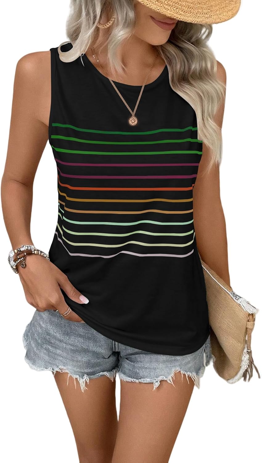 EyMuse Tank Tops for Women Summer Striped Sleeveless Tshirts Casual Clothes | Ladies Tops and Blouses Loose Crewneck Comfortable Shirts 2026 Fashion Beach Vacation Clothes Comfort Colors Tshirt
