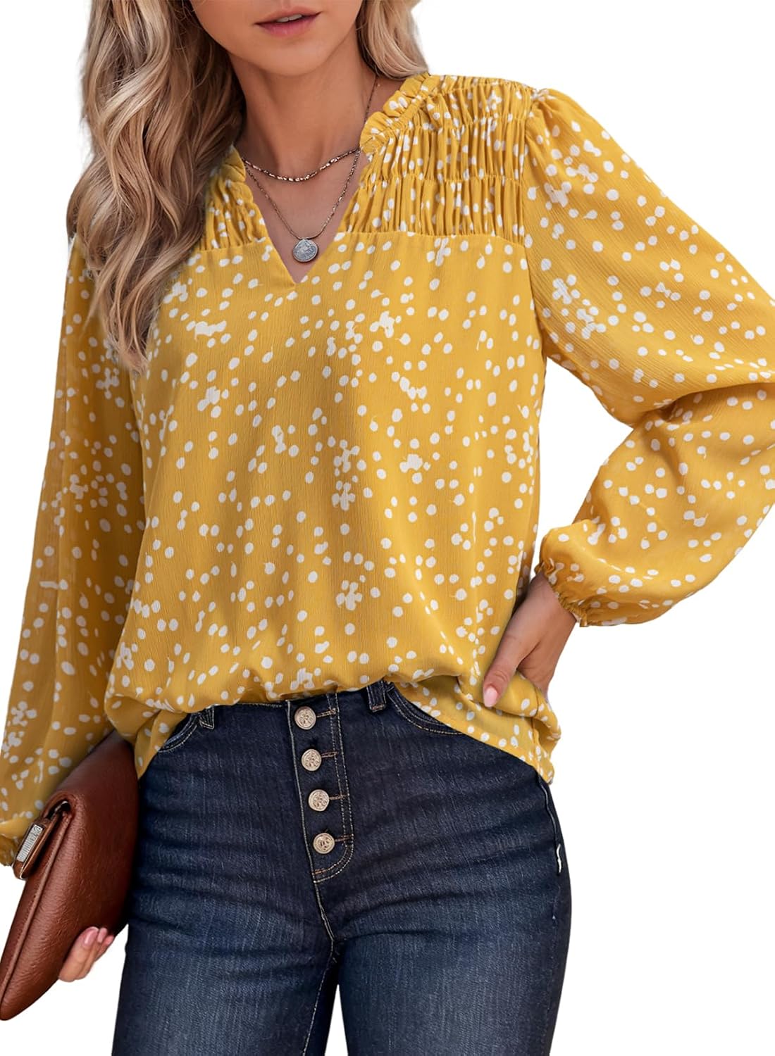 Dokotoo Women's Casual V Neck Alicia Floral Print Smocked Long Sleeve Chiffon Tops Bohemian Top Clothes