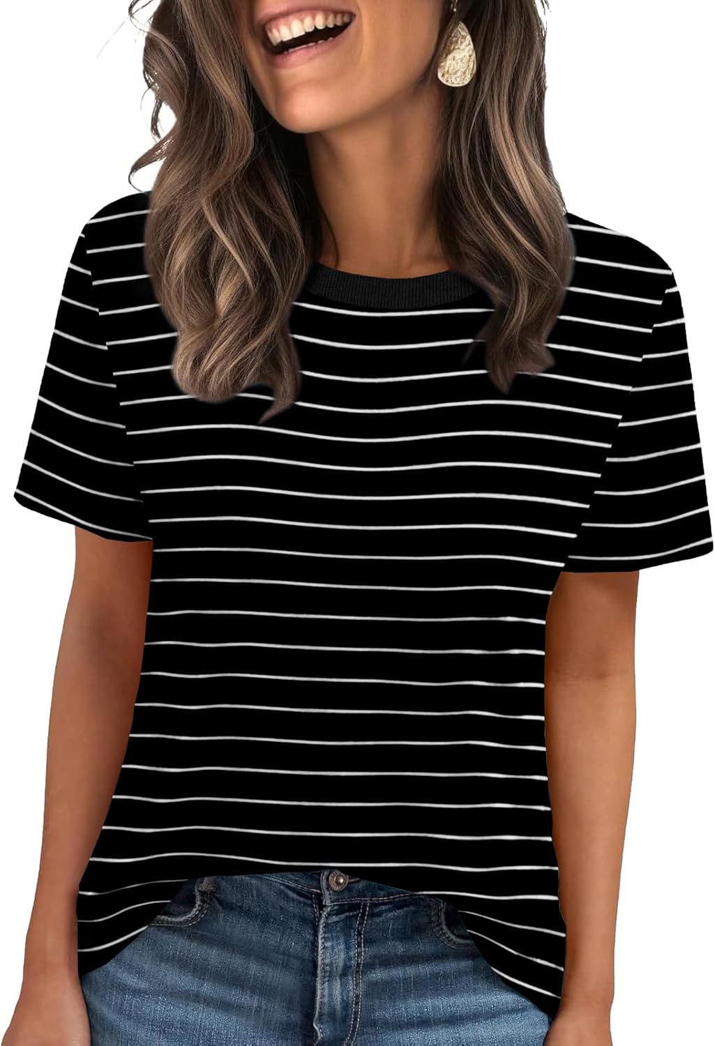 Jescakoo Womens Tops Summer Short Sleeve Ribbed Trim Crewneck T Shirts Spring Vacation Outfits Fashion Clothing Basic Tee