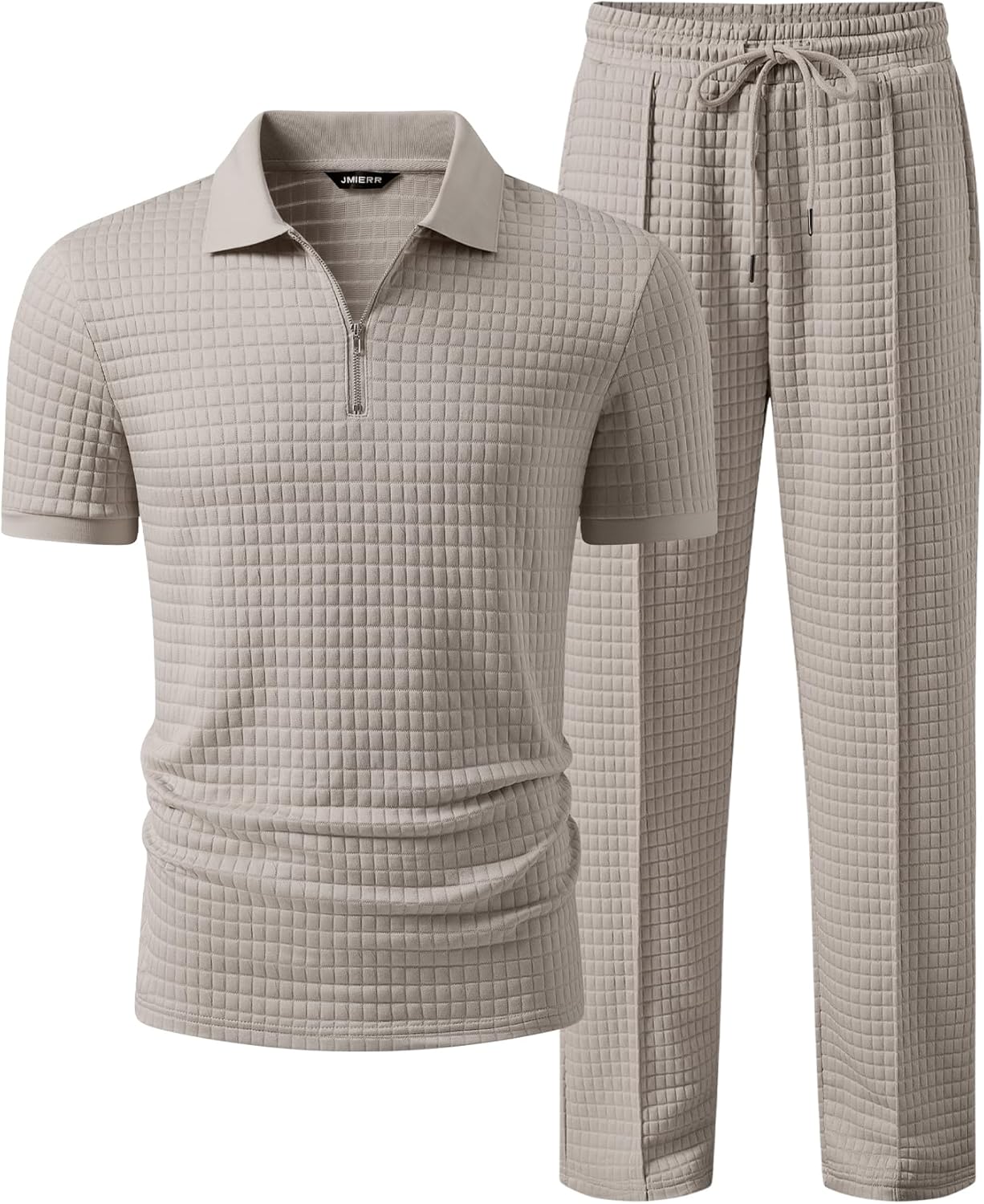 JMIERR Mens Summer Outfits 2 Piece Sets Waffle Vacation Outfits | Waffle Textured, 1/4 Zip Polo Shirts, Drawstring Pant, Comfortable Cruise & Beach Outfit, Loungewear