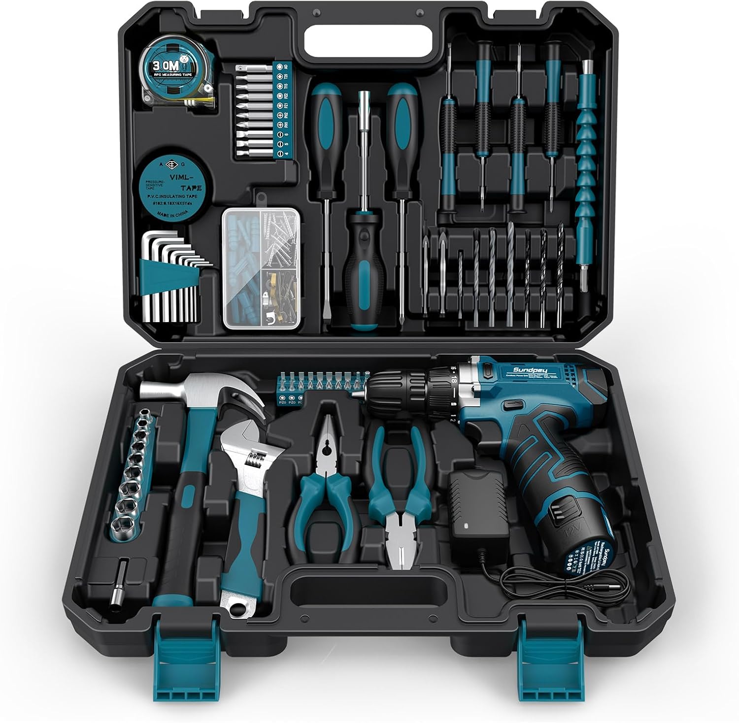 Sundpey Tool Kit 206PCs with Drill - 12V Cordless Power Drill Combo Home Tool Set - Portable Basic General Household Toolbox for Men Women for Garden Office House Repair (Screwdriver Set & Pliers Set)