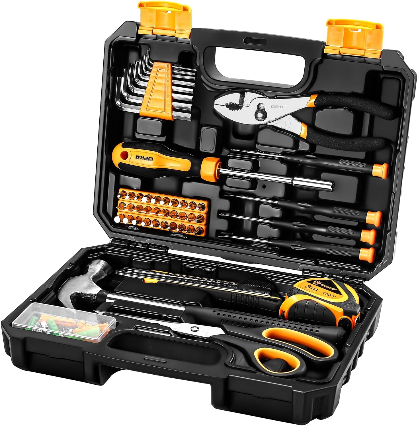 DEKOPRO General Household Hand Tool Kit with Plastic Toolbox Storage Case, All Purpose Home Tool Kit Includes Essential Tools for Office College Repairs, 50 Piece