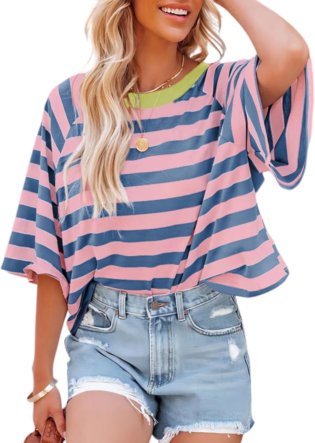 Dokotoo Tops for Women Striped 2026 Fashion T Shirts for Women Color Block Crewneck Design Loose Basic Tee