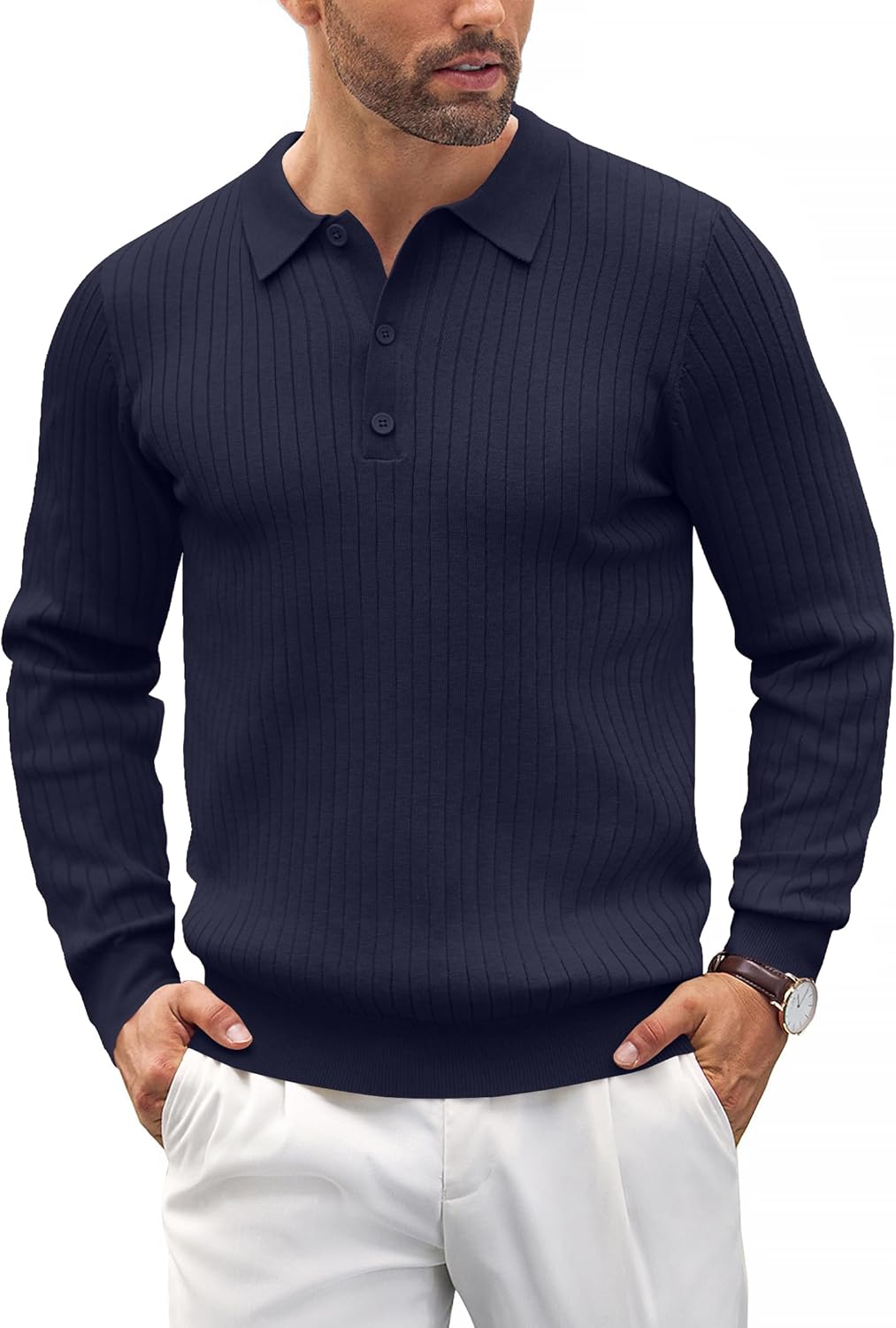 COOFANDY Mens Knit Polo Shirts Casual Long Sleeve Classic Polo Shirts Button Down Golf Shirts