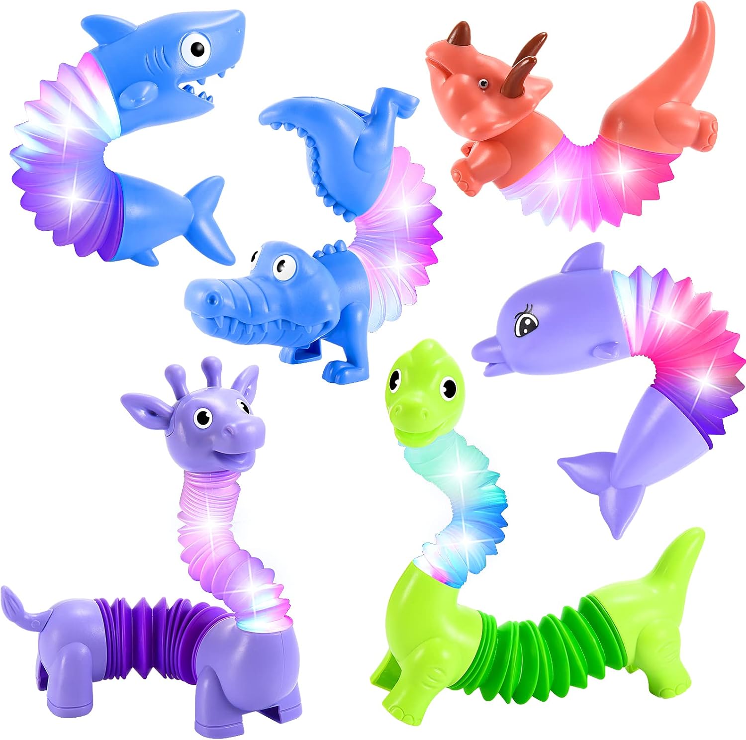 Delighkidz Animals Fidget Toys for Toddlers: 6 Pack LED Animal Pop Tubes for Kids 3 4 5 6 7 8 Year Old Girls Boys Toddler Birthday Gifts Autism Sensory Toy for Grandkids Age 3-8 Tube