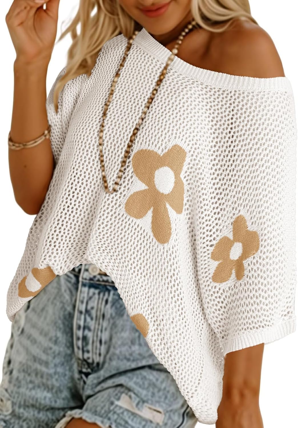 Dokotoo Womens Floral Fashion Summer Tops 2026 Short Sleeve Crochet Sweaters Swimsuit Cover Ups Lightweight Knit Pullover
