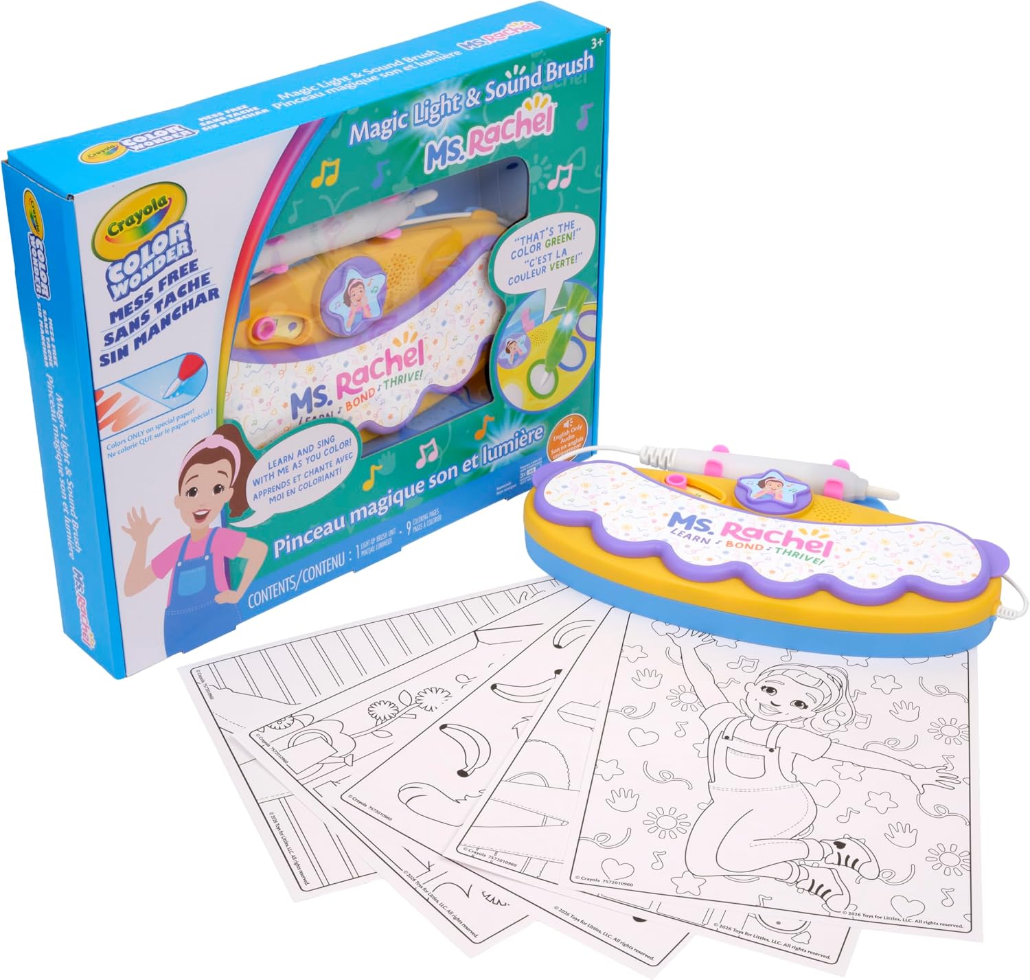 Crayola Color Wonder Magic Light Brush Featuring Ms. Rachel, MessFree Coloring Set with Songs, Paint Set for Toddlers, Art Gift for Kids, Ages 3 & Up