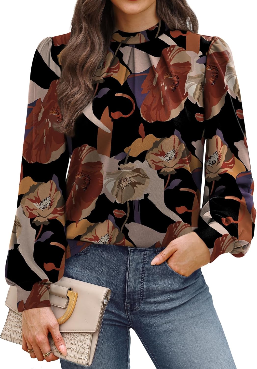 WIHOLL Long Sleeve Shirts for Women Mock Neck Tops Pleated Front Blouses Dressy Casual Spring Fall Clothes 2026 Fashion