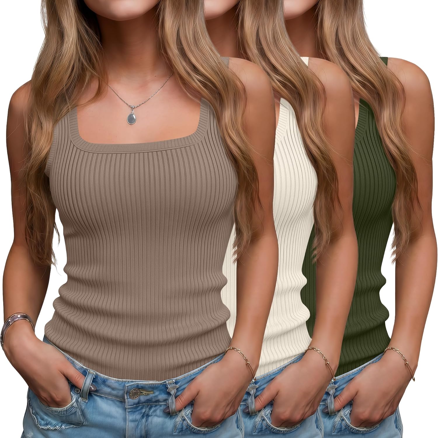 3 Pack Women's Ribbed Tank Tops 95% Cotton Sleeveless Slim Fitted Tops Casual Summer Square Neck Basic Tee Shirts