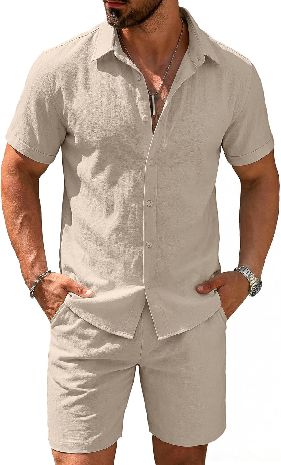 COOFANDY Men's 2 Pieces Cotton Linen Set Short Sleeve Button Down Shirts Summer Beach Shorts Casual Outfits