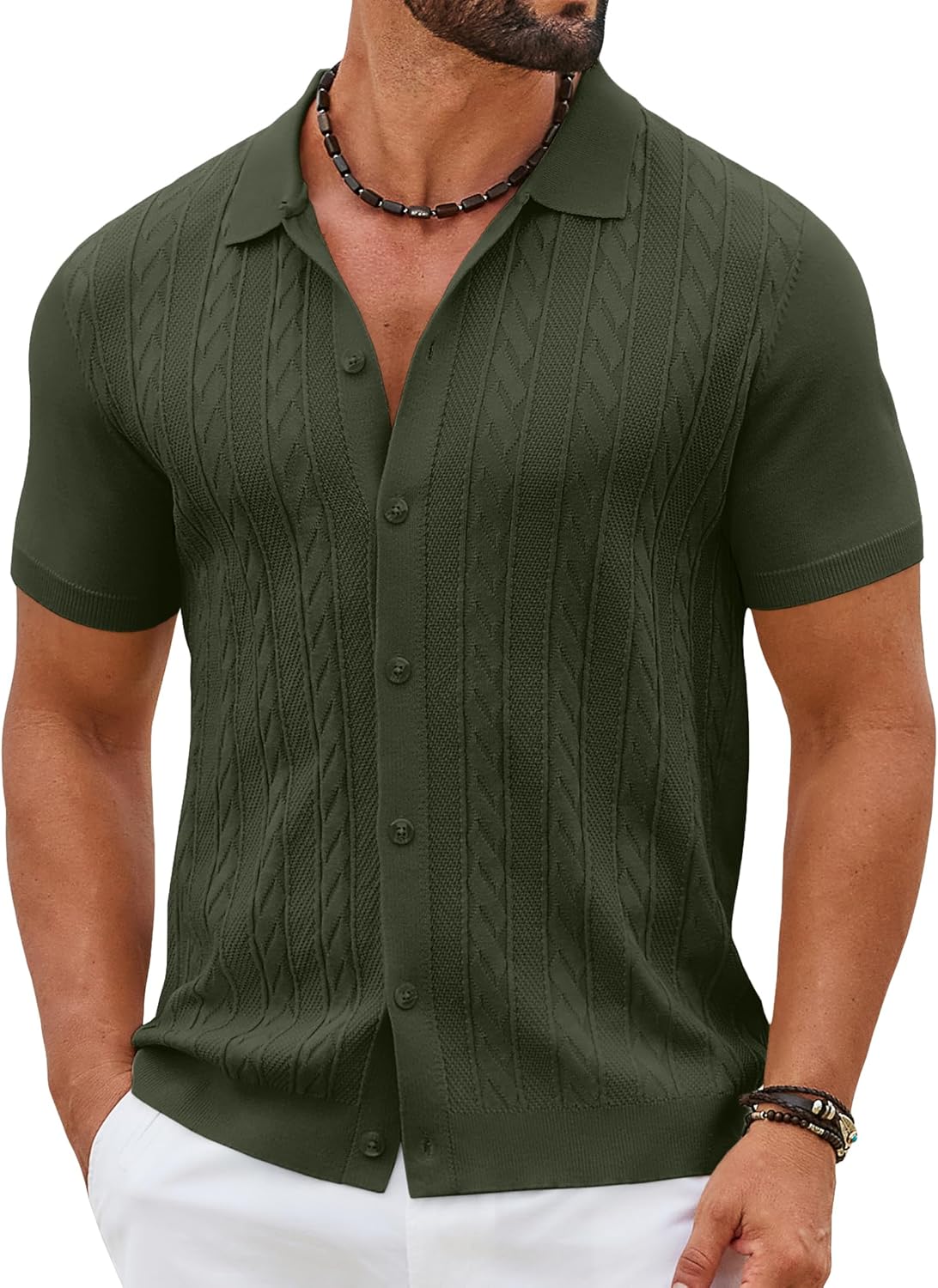 COOFANDY Mens Knit Button Down Shirts Short Sleeve Polo Shirt Casual Vintage Summer Beach Shirts