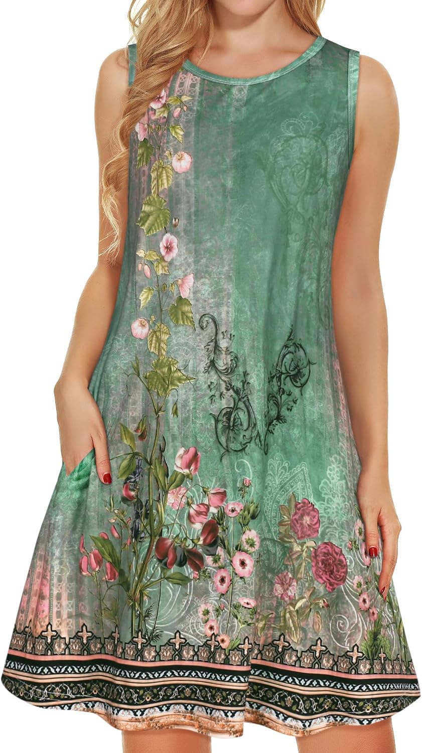 elescat Women's Summer Dresses 2026 Beach Casual Sleeveless Floral Print Tank Loose Sundress with Pocket