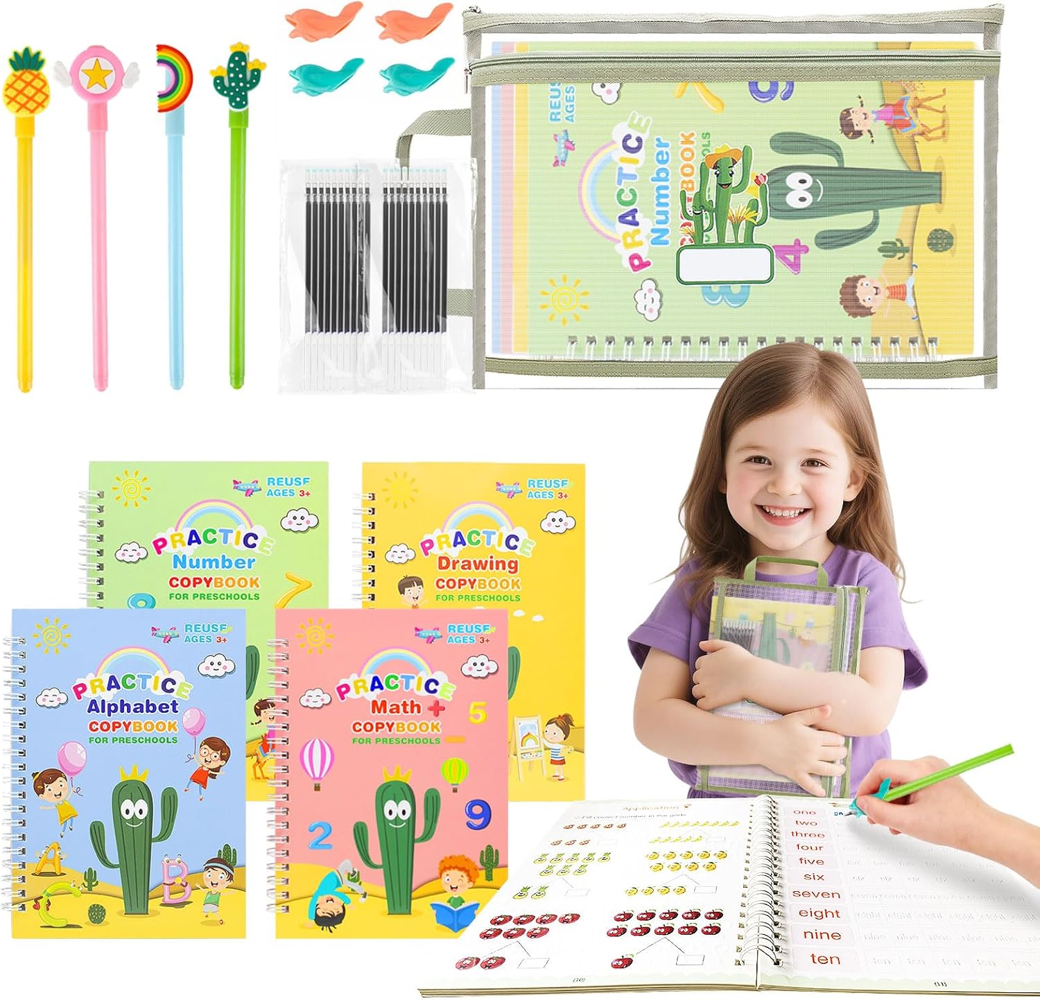 Handwriting Practice for Kids Ages 3-8, Reusable Magic Grooved Copybook - 4 Preschool Workbooks + 4 Pen Grips + 30 Refills + Pouch - Homeschool Kindergarten Learning Activities
