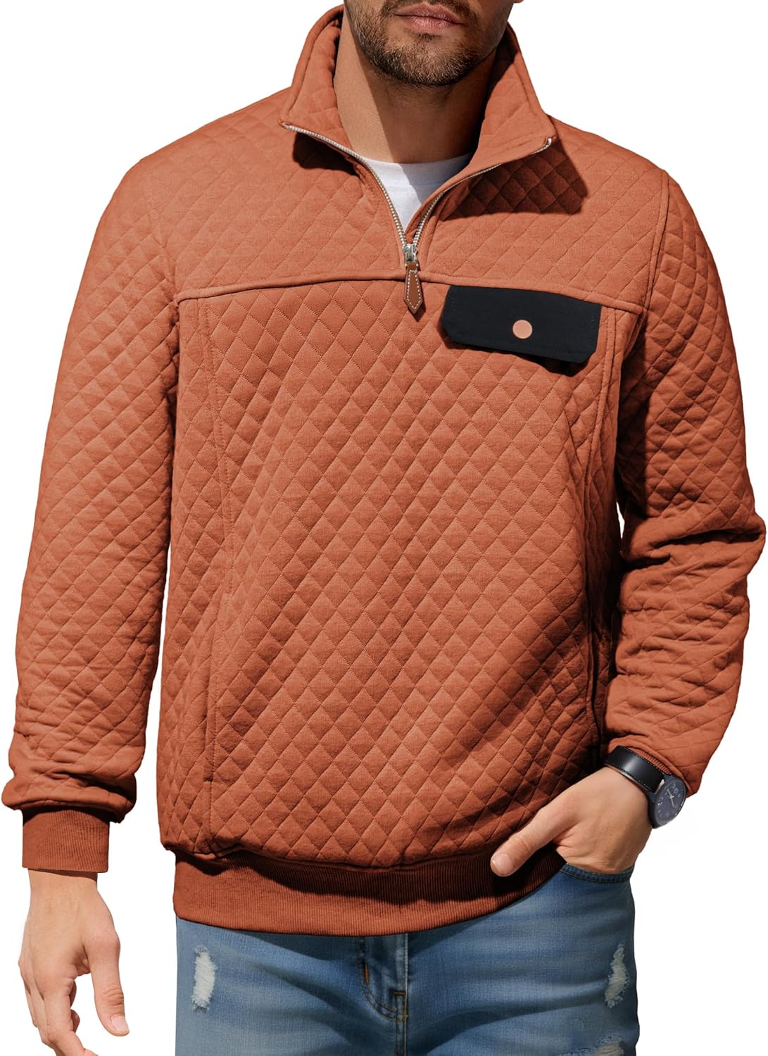 JMIERR Men's Quilted Sweatshirt Casual Long Sleeve Outdoor Stand Collar Quarter-Zip Pullover Sweatshirts