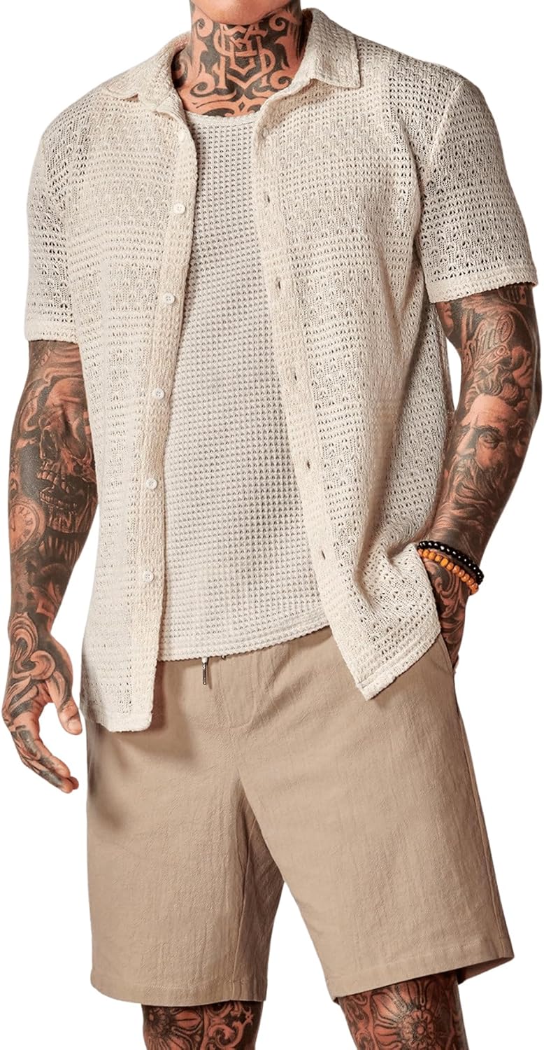 BEAUDRM Men's 3 Pieces Outfit Sleeveless Tank Top and Drawstring Waist Shorts Set with Button Down Shirt