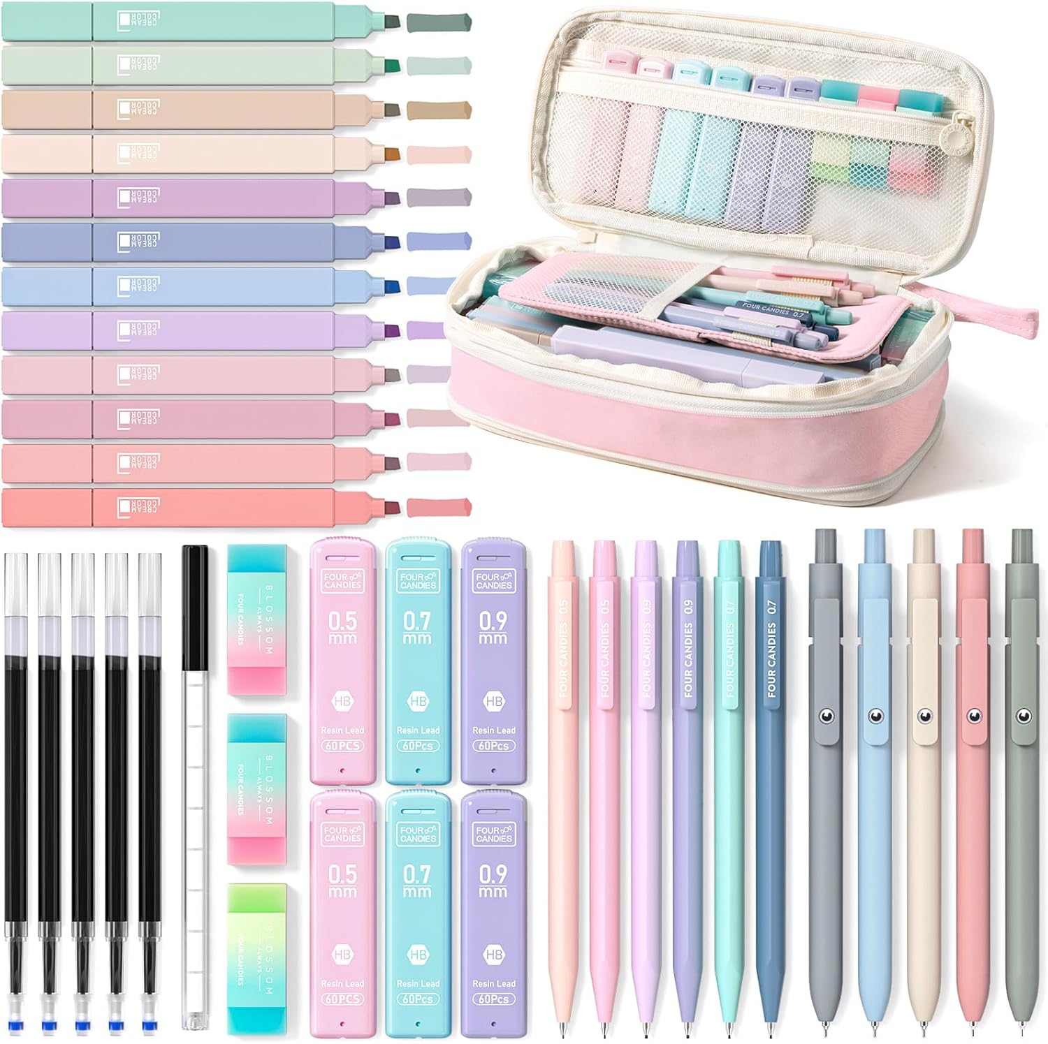 Four Candies School Supplies with Cute Pen Case, 39ct, Pink | Back to School Stationery Set, Essentials for College & Nursing Students, 5 Gel Pens, 6 Mechanical Pencils, 12 Highlighters