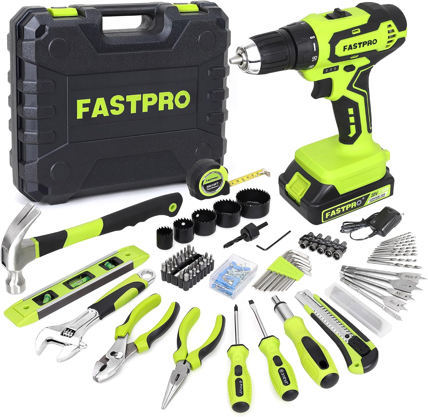 FASTPRO 177-Piece 20V Cordless Drill Driver and Home Tool Set, Household Repairing Tool Kit with Drill in Storage Case, Green