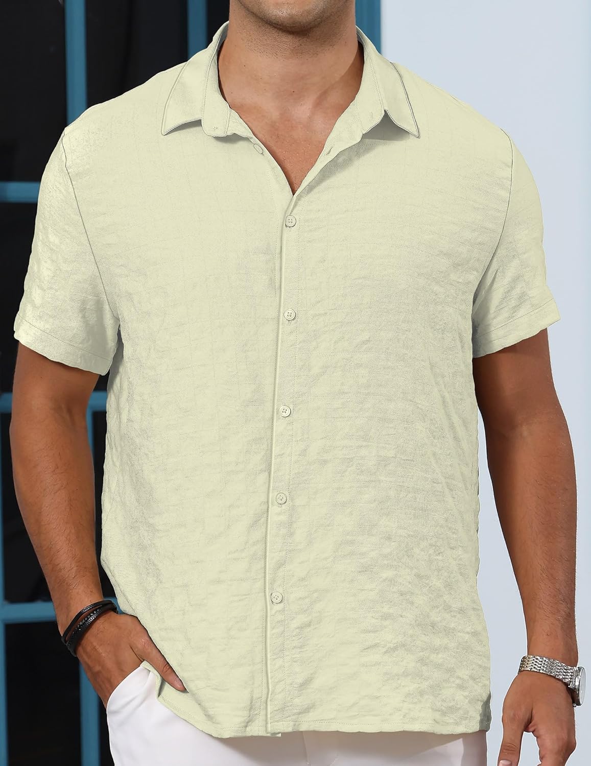 Men Casual Button Summer Shirt: Beach Short Sleeve Fashion Solid Color Clothing