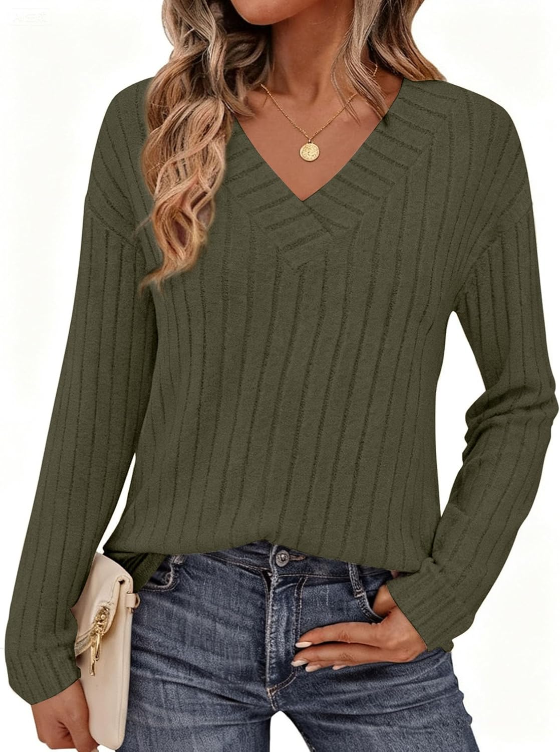 PRETTYGARDEN Fall Fashion 2026 Long Sleeve Shirts for Women Ribbed Knit V Neck Dressy Casual Lightweight Sweaters Tunic Tops
