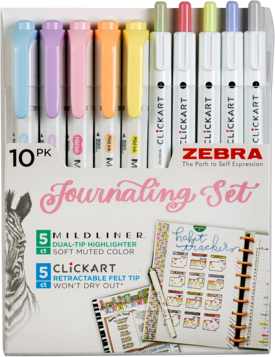 10-Pack Journaling Set - Zebra Pen Mildliner HL (5) & Clickart (5)