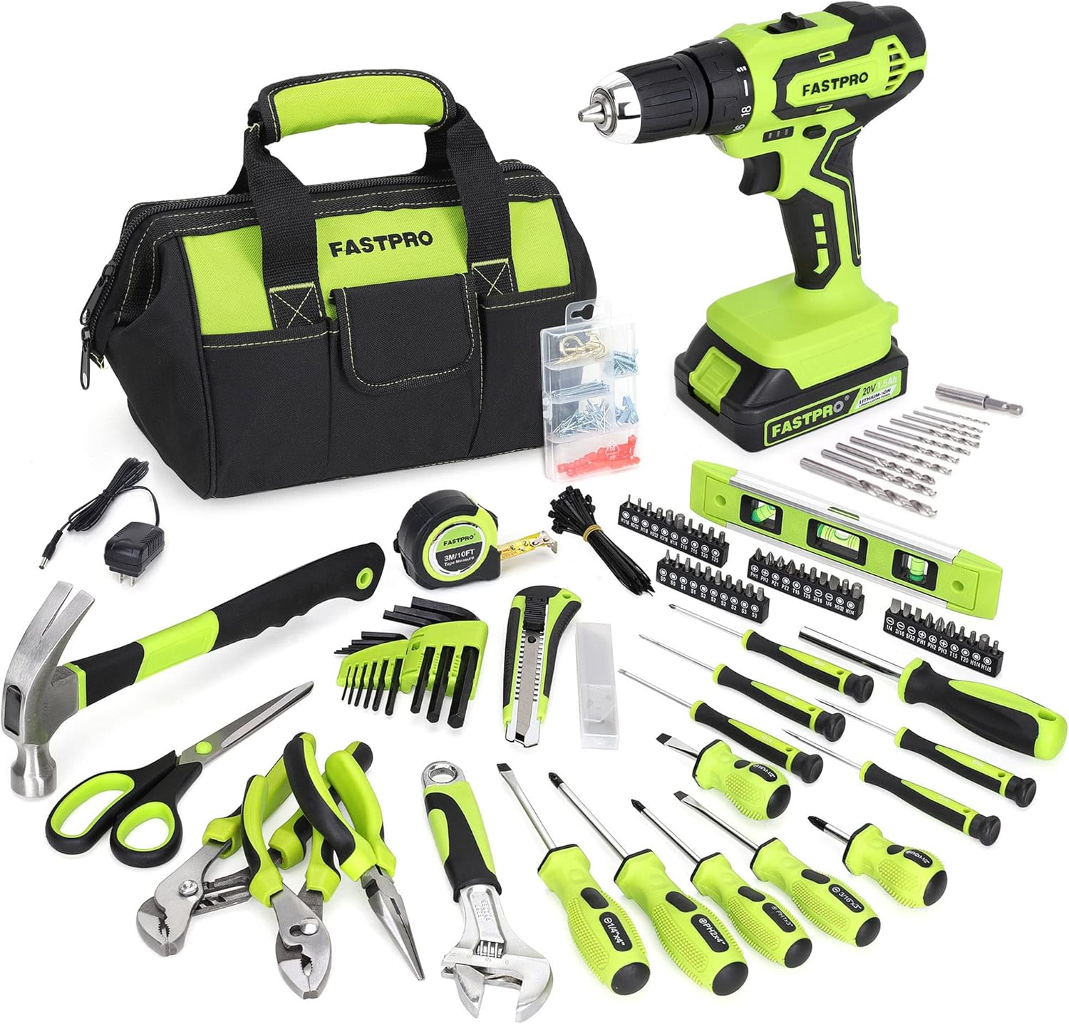 FASTPRO 232-Piece Home Tool Set with Drill, 20V Cordless Drill Driver, Household Repairing Tool Kit with Drill, 12-Inch Wide Mouth Storage Tool Bag Included, Green