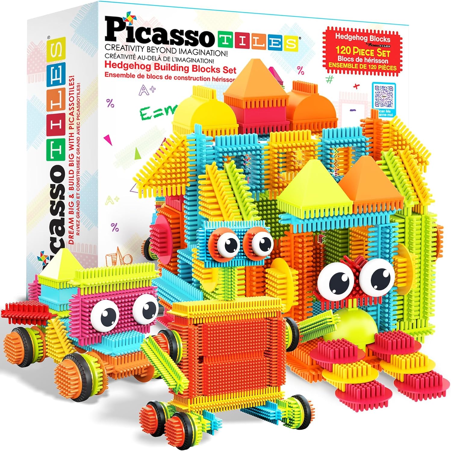 PicassoTiles 120pcs Hedgehog Interlocking Building Blocks Tiles Construction Toy Set Learning Playset STEAM Development Preschool Kindergarten Toy for Kids Age3+ PTB120 | Soft rubbery texture, easy-co