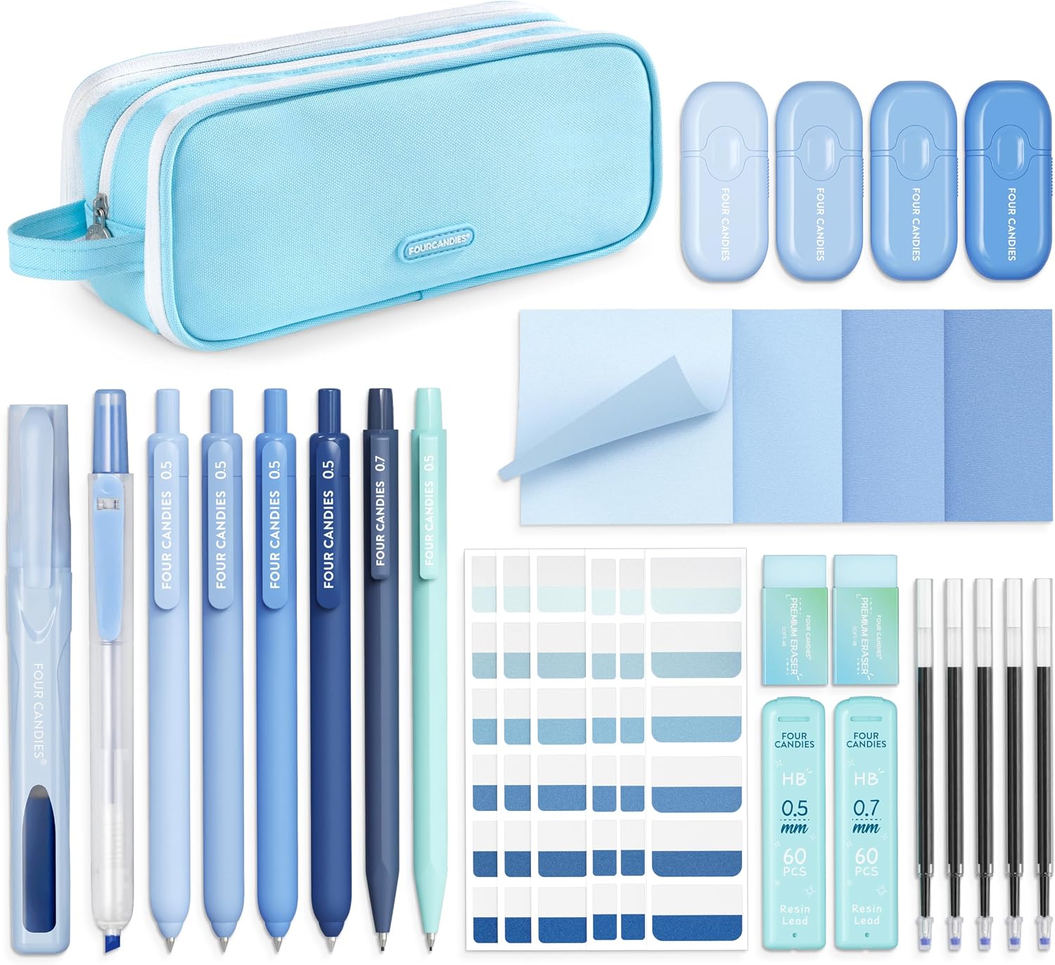 Four Candies Aesthetic School Supplies Kit with Cute Blue Pencil Case | Back to School Stationery Set with Pens, Highlighters, Mechanical Pencils, Sticky Notes for Students, College, Journaling