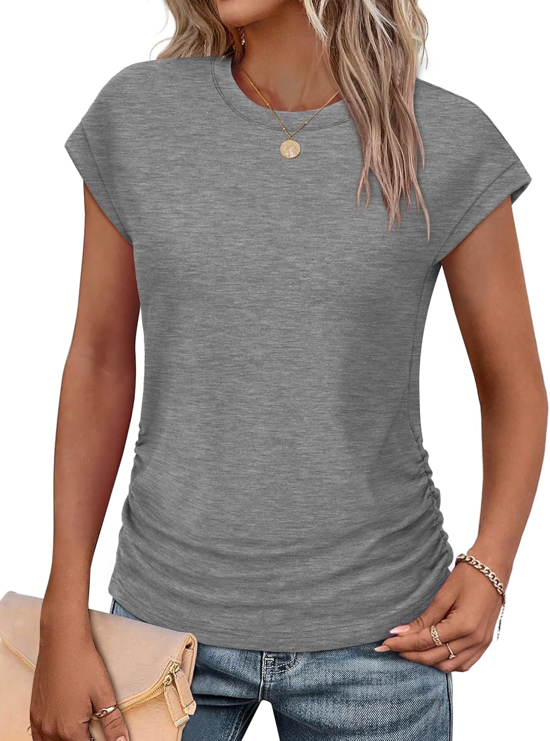 Sampeel Womens Summer Tops Trendy 2026 Ruched Cap Short Sleeve Tshirts Shirts Crew Neck T Shirts Fashion