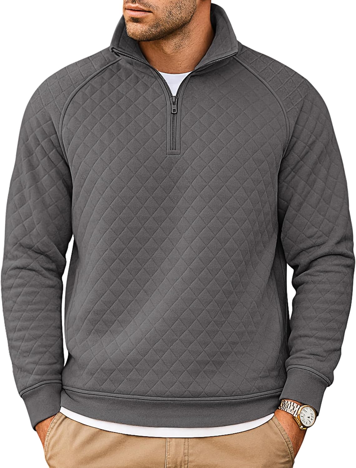COOFANDY Mens Quarter Zip Pullover Quilted Sweatshirt Knit Long Sleeve Sweater Half Zip Polo Sweatshirts with Pocket
