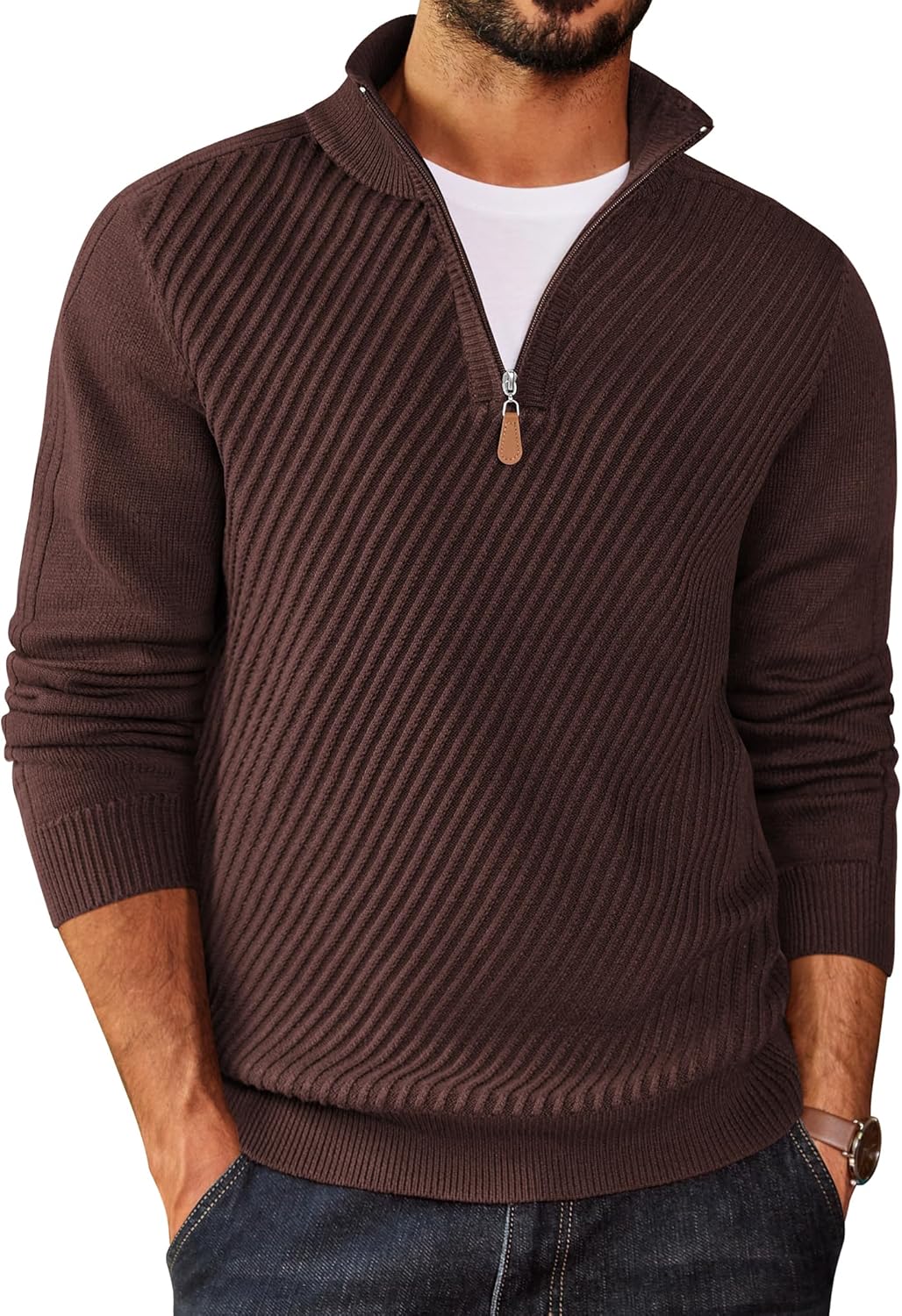 COOFANDY Mens Quarter Zip Sweater Casual Slim Fit Pullovers Sweaters Knit Twill Texture Pullover