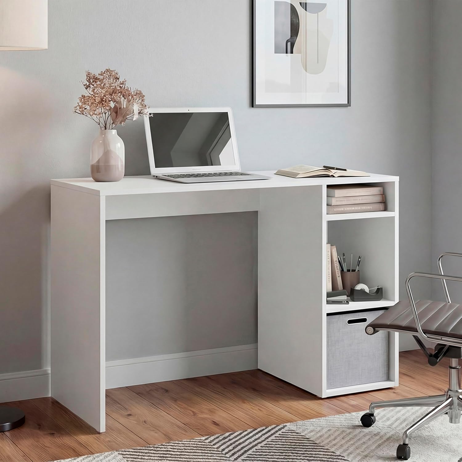 Dalia, Computer Desk, Home Office Desk, Scratch Writing Desk with 3 Tier Side Open Storage Shelves, Engineered Wood Workstation Table for Study and Office