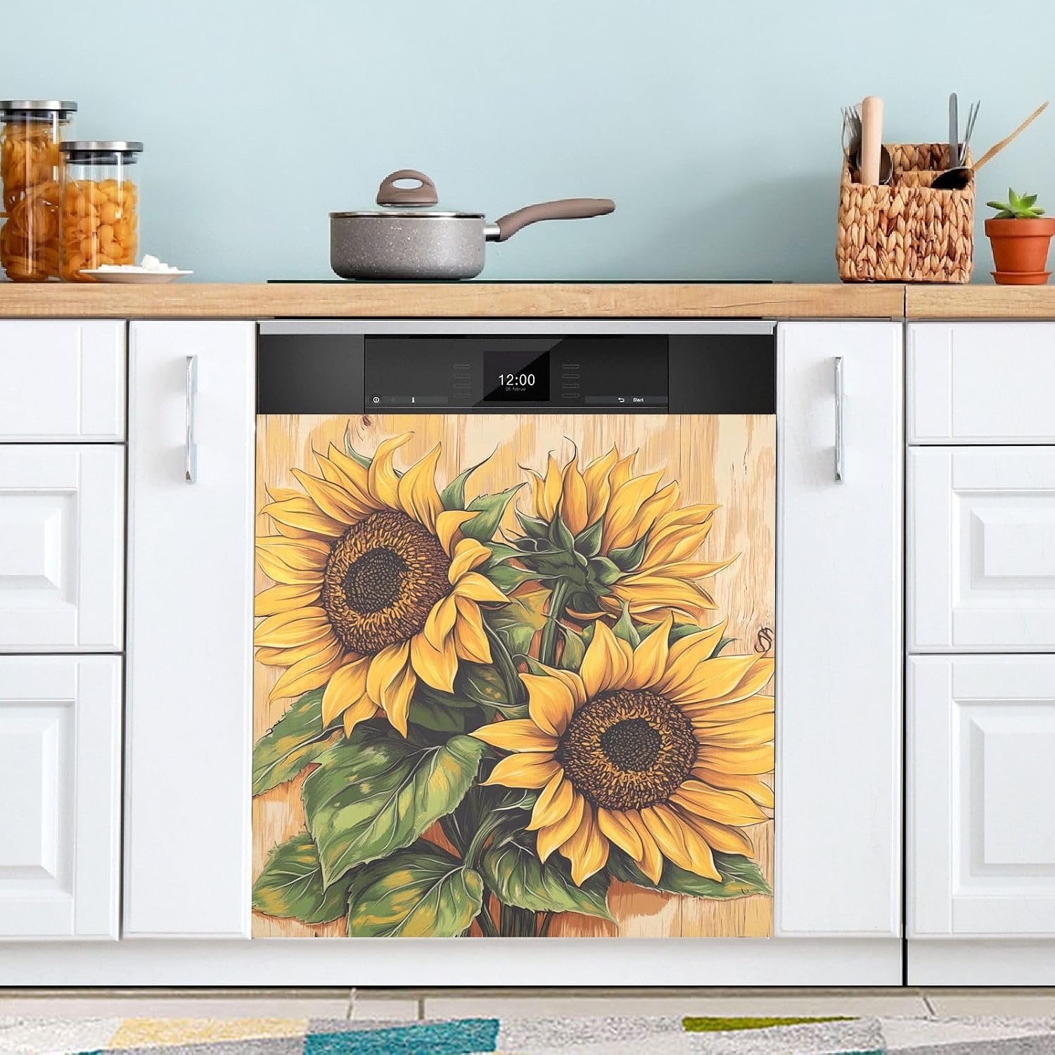 JIPONI Sunflowers Art Dishwasher Magnet Cover, Magnetic Dishwasher Sticker, Refrigerator Magnet Decal Panels, Kitchen Art Decor 23" x 26"