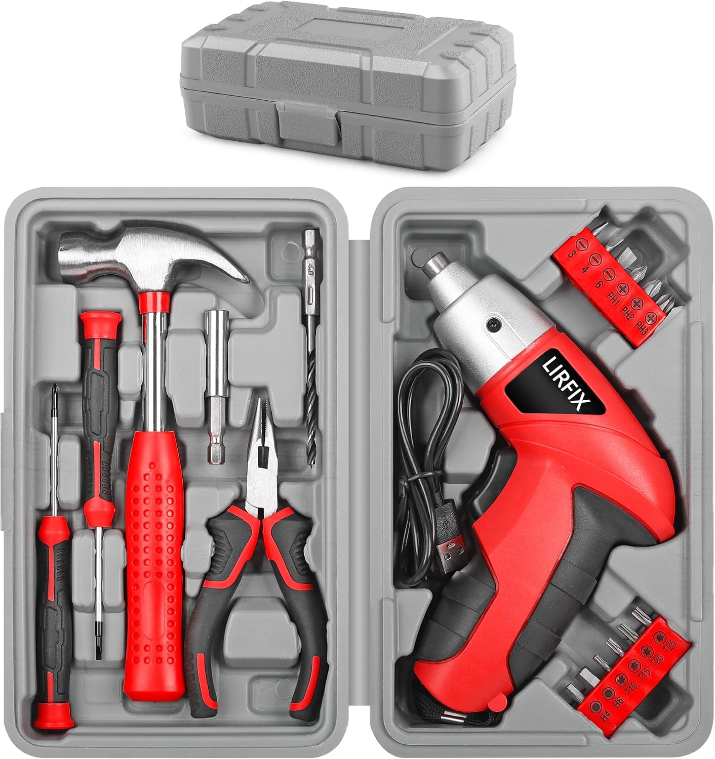 20-Piece Red 3.6V Electric & DIY Manual Tool Set - Compact Storage Box, Claw Hammer, Pliers, Screwdriver Bits, Household Hardware Tools