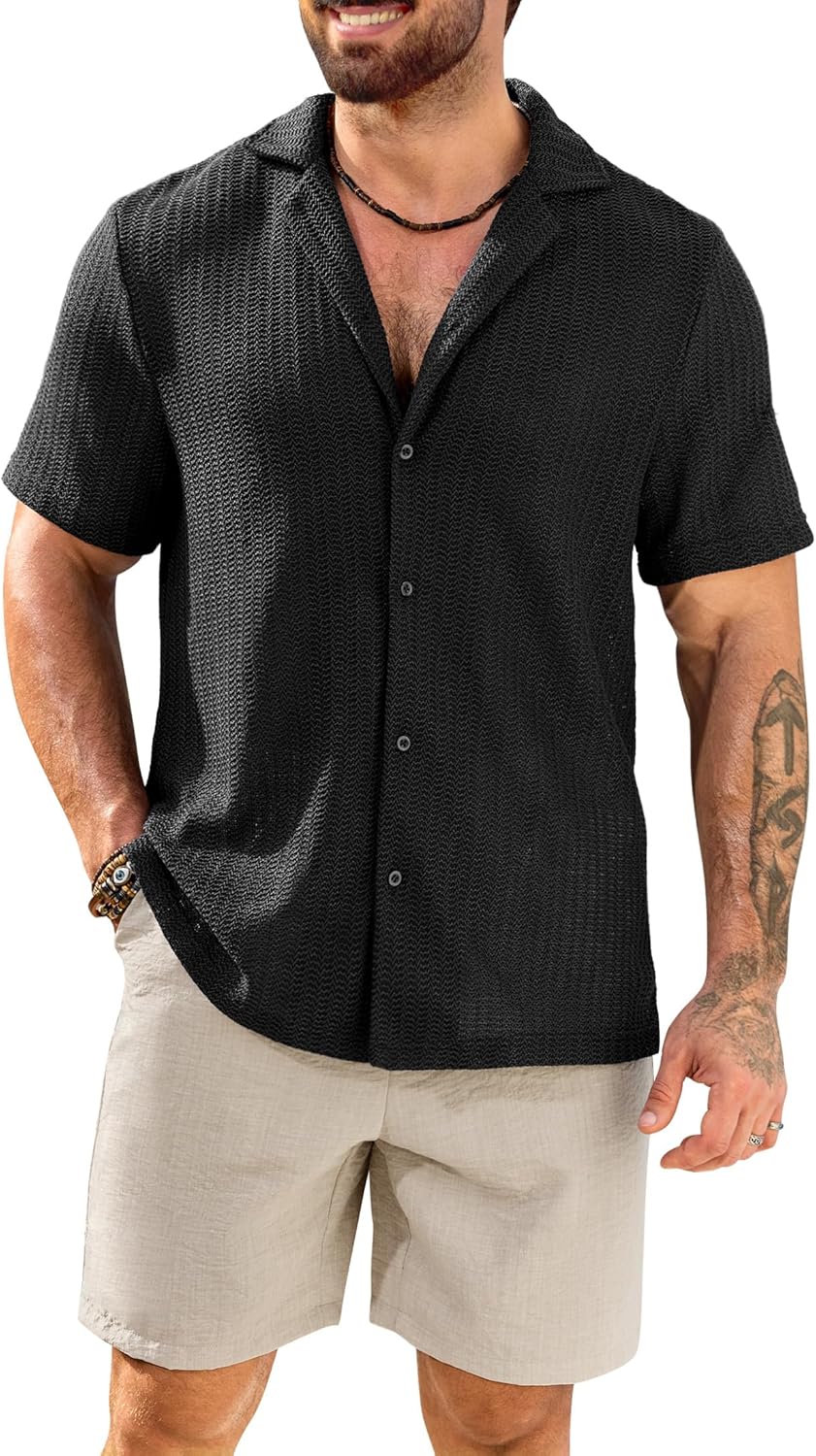 Herberton Men Summer Vacation Outfits Casual Crochet Cuban Collar Shirts and Shorts 2 Piece Set(S-XXL)