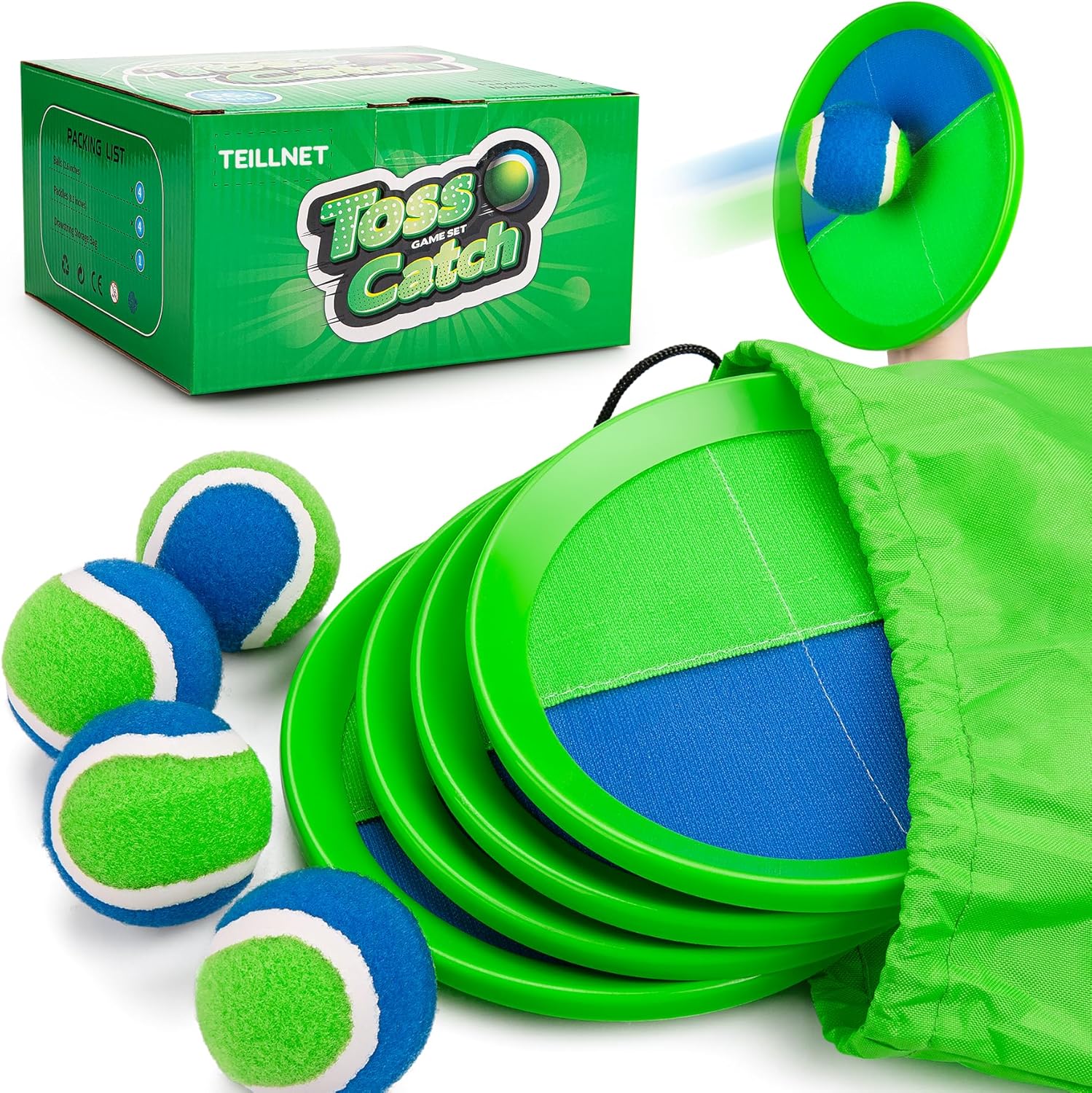 TEILLNET Toss and Catch Ball Set Upgraded - Kids Toys Beach Toys Baseball Games - Sturdy & Water-Resistant for Outdoor Pool Yard Games - Classic Gift for Boys Girls 3 4 5 6 7 8 9 10 11 12+ Years