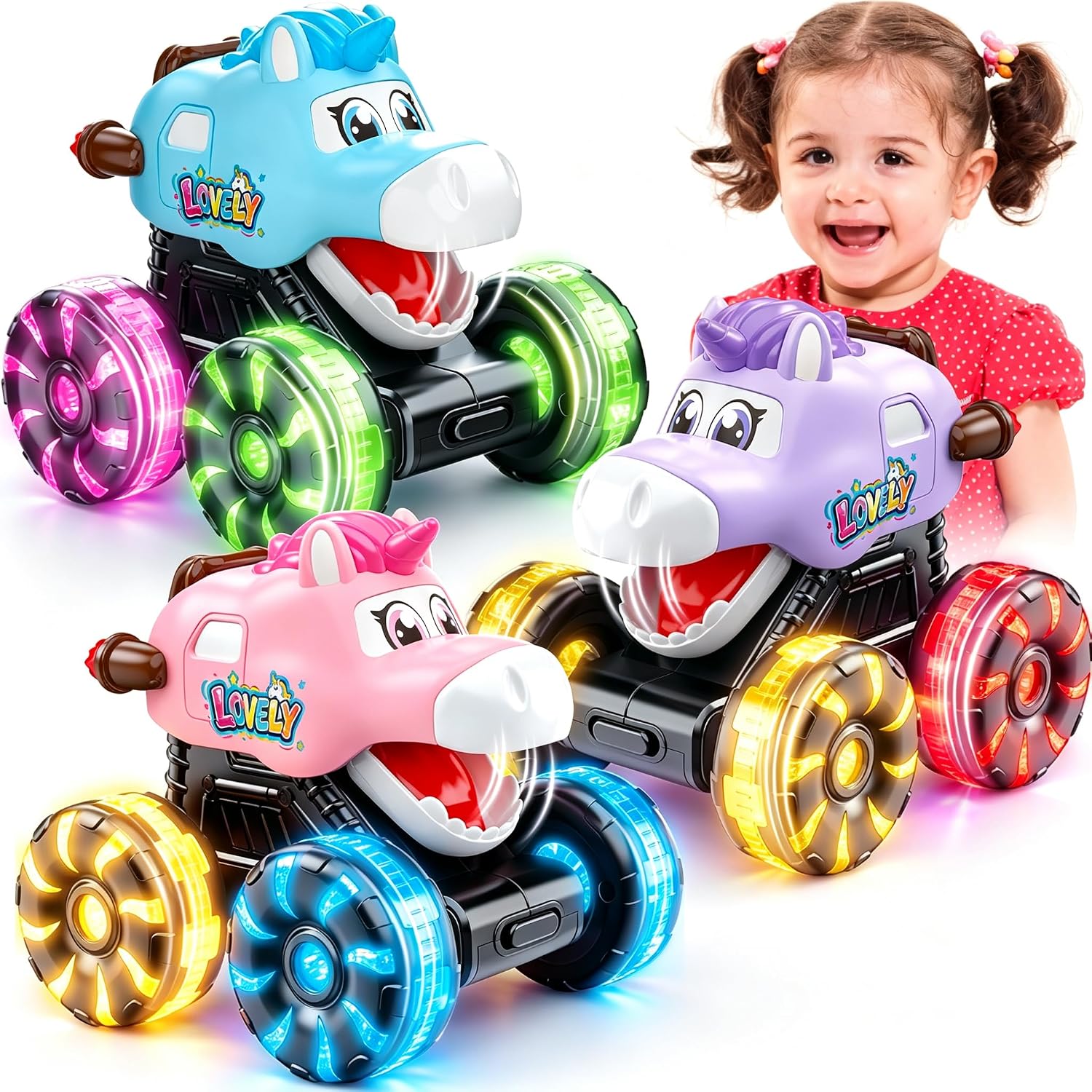 3 Pack Monster Truck Toys for Toddlers, Light Up Unicorn Toy Cars, Toy Trucks for Toddlers, Press and Go Toddler Toys with Flashing LED Wheels, Cars for Toddlers, Baby Toys for Boys Girls Gifts
