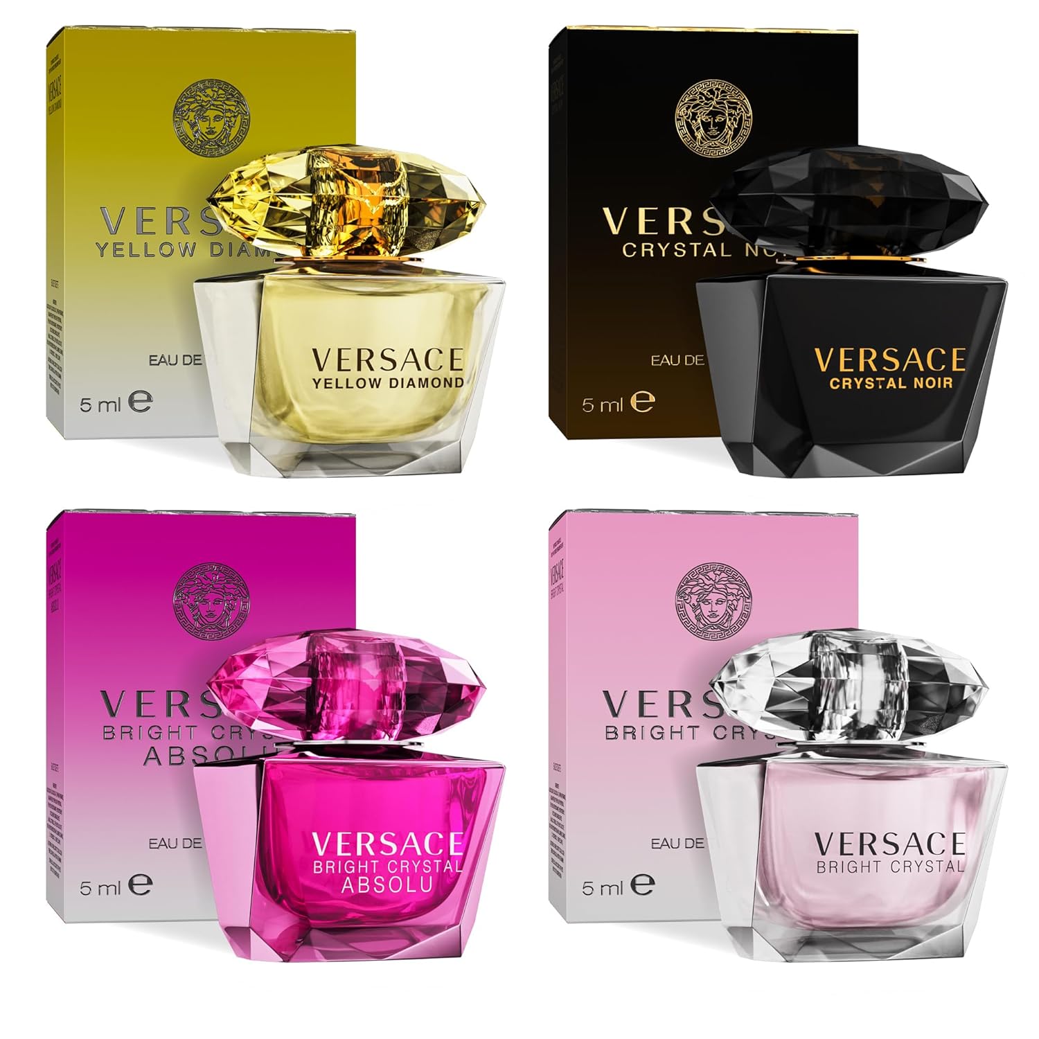 Versace Perfume for Women Set of 4 Mini, Bright Crystal, Yellow Diamond, Crystal Noir, Bright Crystal Absolu, Perfume for Women Fragrance Sampler Set Designer Womens Samples (4 Count, 0.17 oz) | Inclu